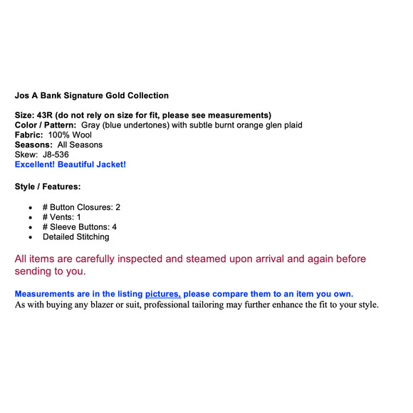 Jos A Bank Signature Gold 43R Gray Burnt Orange Plaid Blazer Jacket Suit Coat - Picture 2 of 13